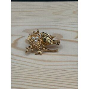 Gold-Tone Bird & Nest Brooch With Pearl Accents